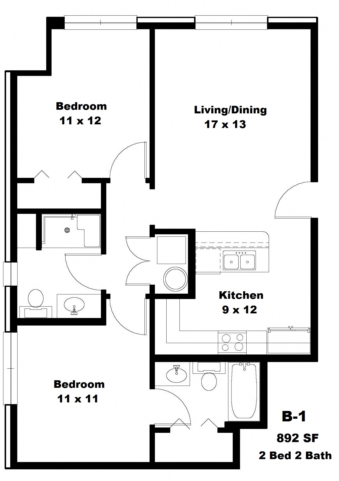 Floor plan for 2 beds, 2 baths